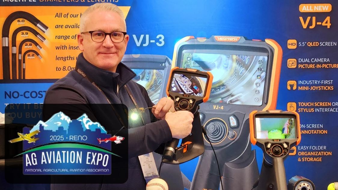 NAAA Ag Aviation Expo exhibitor ViewTech Borescopes representative and the VJ-4 video borescope.