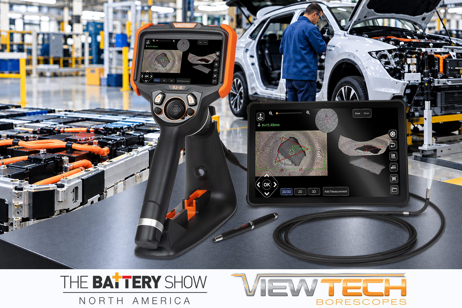 ViewTech Borescopes showcases its VJ-4 video borescope and screen replicator tablet for industrial inspection at The Battery Show and Electric & Hybrid Vehicle Technology Expo North America, October 13–15, 2026, at Huntington Place in Detroit, Michigan.