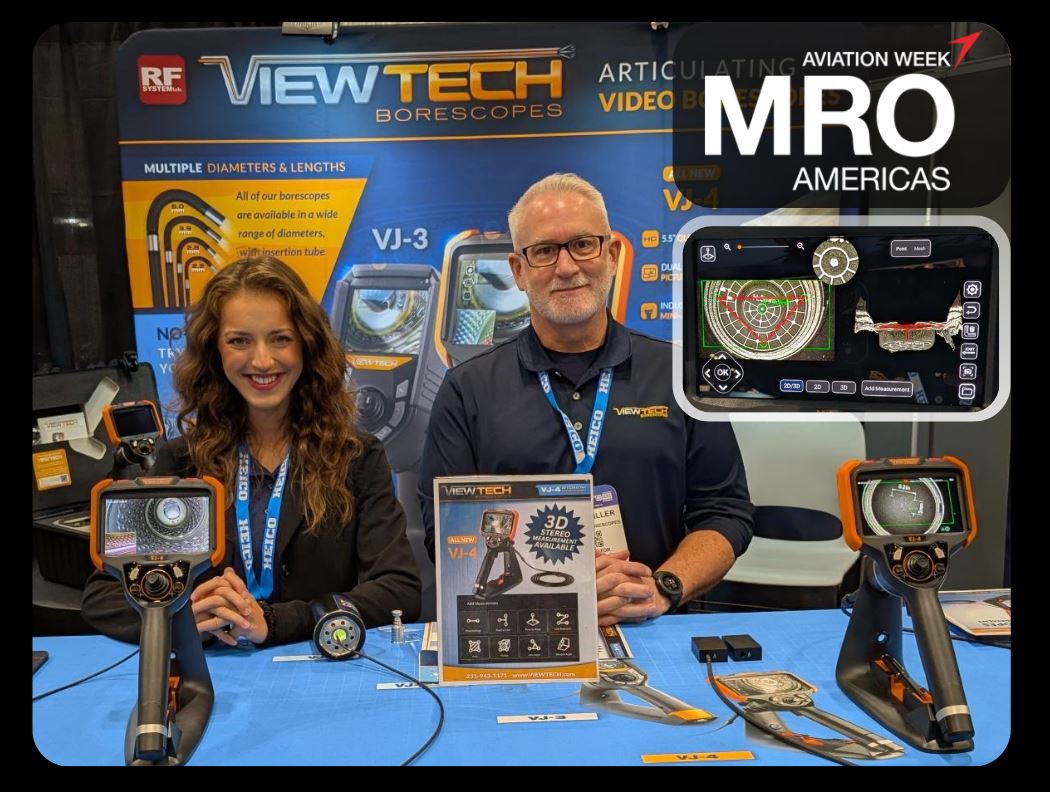 ViewTech Borescopes representatives showcase their latest borescope inspection systems featuring 3D stereo measurement at MRO Americas Aviation Week, highlighting advanced imaging for precision maintenance.